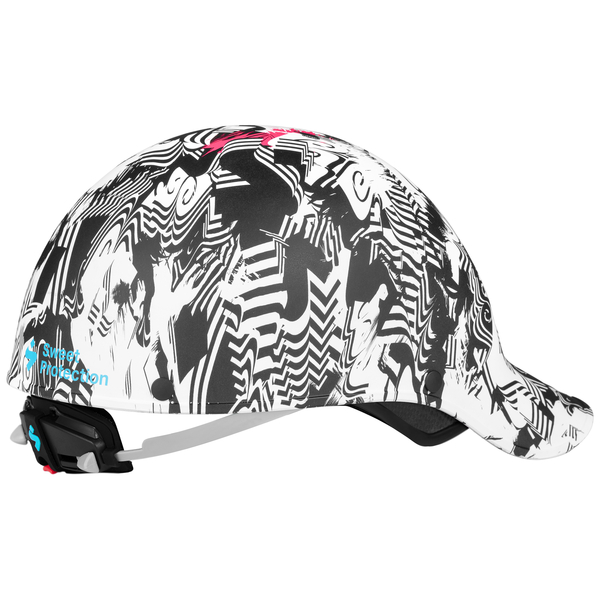 Sweet Protection Strutter helmet in white, pink and black limited edition block party graphic, side view, cradle adjustment is visible.