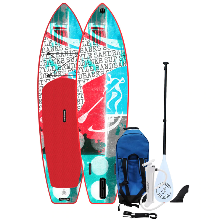 Radical Rider Sandbanks Stle inflatable SUP white board with red, black and blue decal, red deck, in a package with a bag, paddle, pump, leash and fin.