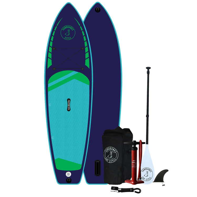 Radical Rider Sandbanks Style brand Elite inflatable paddleboard, light blue deck, dark blue board. SUP bag, pump, fin, leash and paddle.
