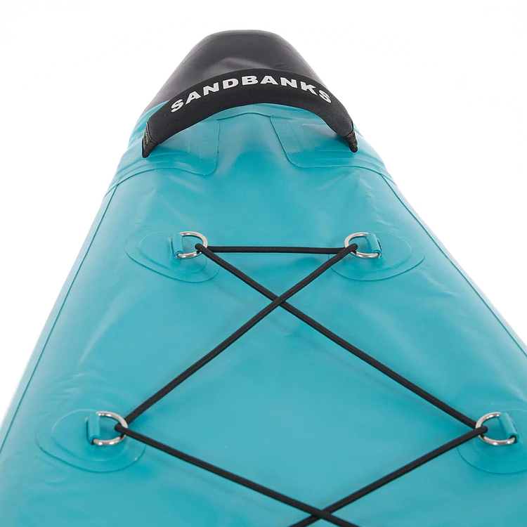 Radical Rider Sandbanks Style inflatable kayak close up detail, showing a handle and deck bungee cord.