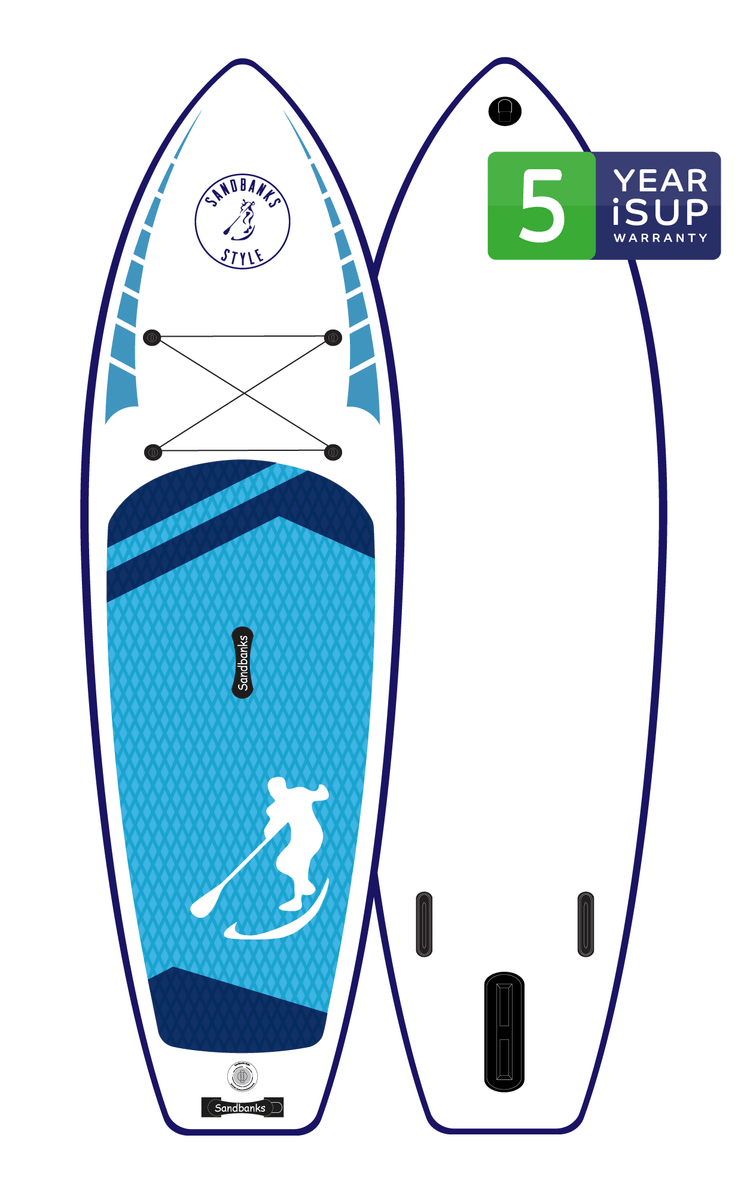 Radical Rider Sandbanks Style inflatable SUP white board with blue deck.