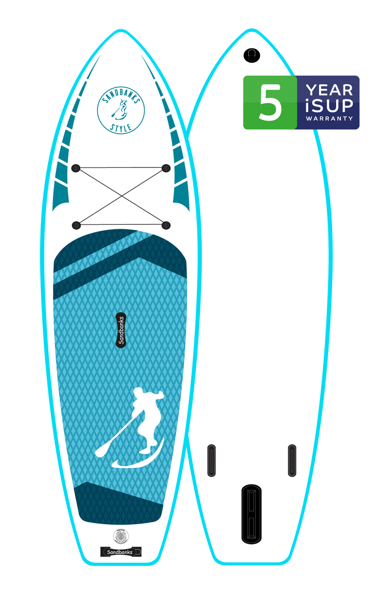 Radical Rider Sandbanks Style inflatable SUP white board with turquoise deck.