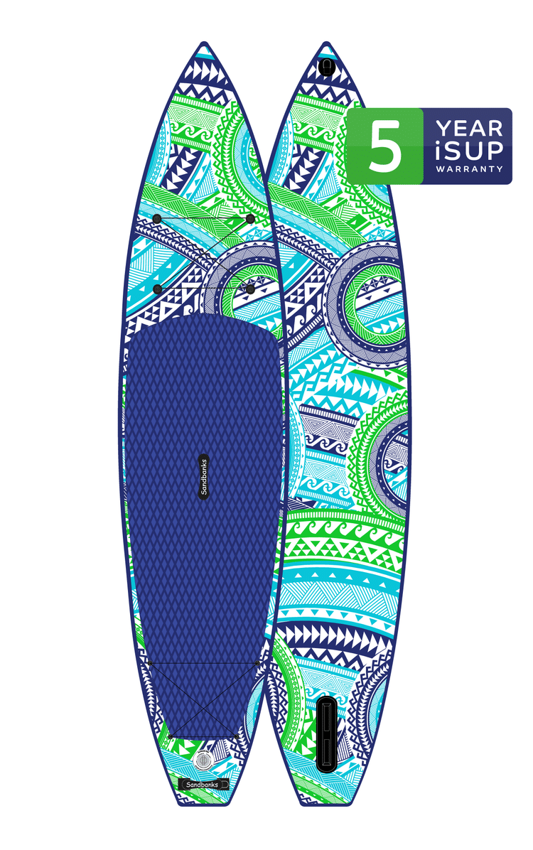 Radical Rider Sandbanks Style inflatable SUP white board with green, turquoise, navy decal, and navy deck.