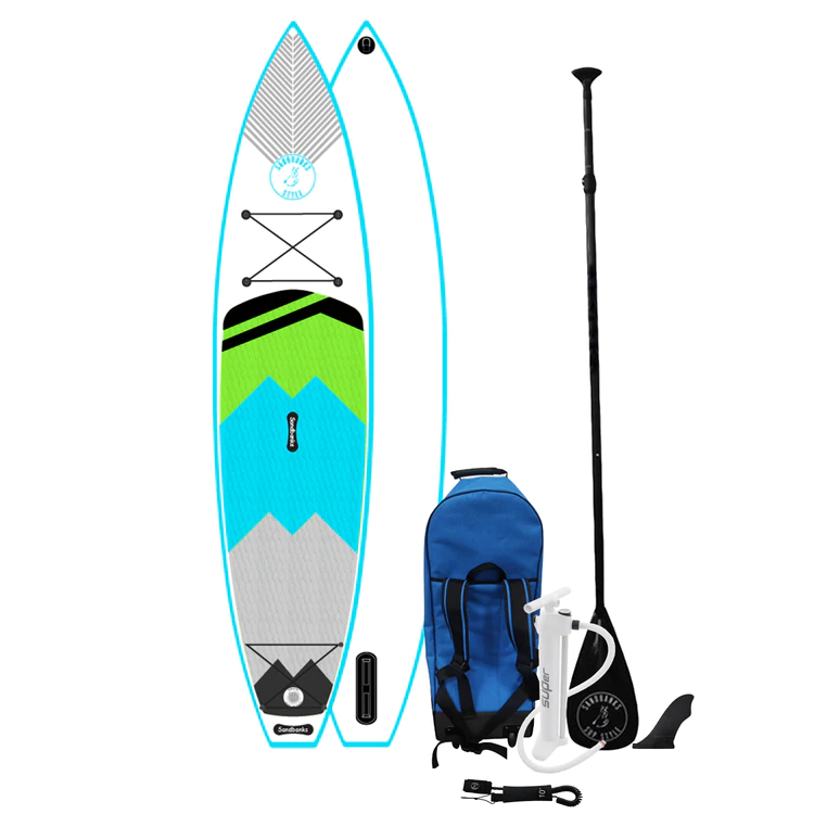 Radical Rider Sandbanks Style inflatable SUP white board with green, turquoise, grey and black deck, in a package with a bag, pump, paddle, fin and leash.