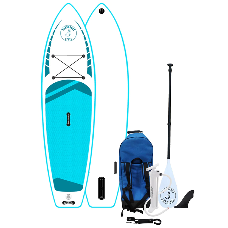 Sandbanks Ultimate brand Classic inflatable SUP paddleboard package in turquoise with bag, pump, leash, paddle and fin