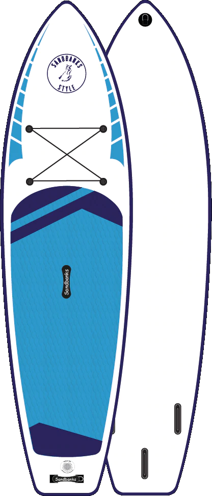 Radical Rider Sandbanks Style inflatable SUP with a white board and dark blue deck