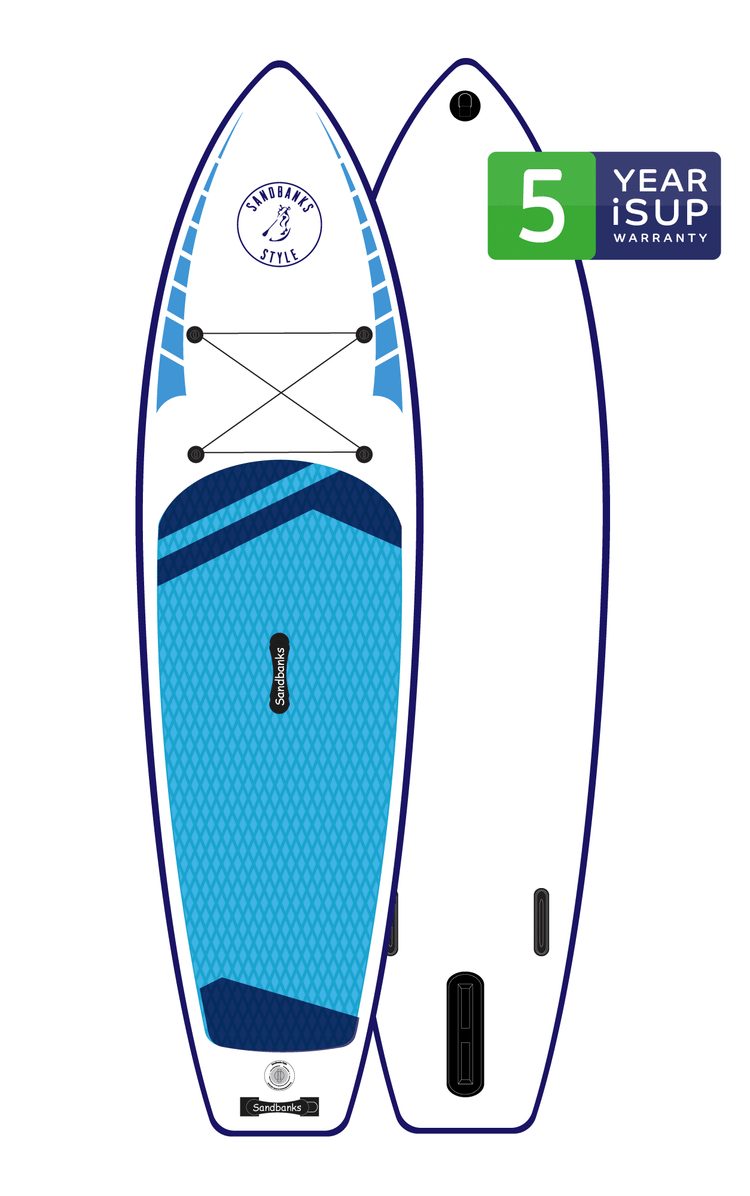 Radical Rider Sandbanks Style inflatable SUP white board with blue deck.