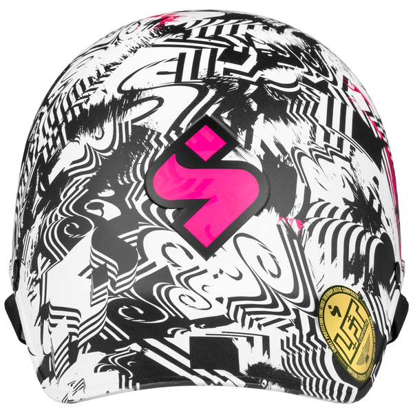 Sweet Protection Strutter helmet in white, pink and black limited edition block party graphic, pink logo, front view.