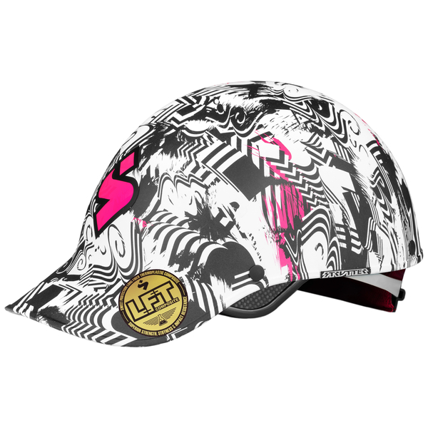 Sweet Protection Strutter helmet in white, pink and black limited edition block party graphic, side view.
