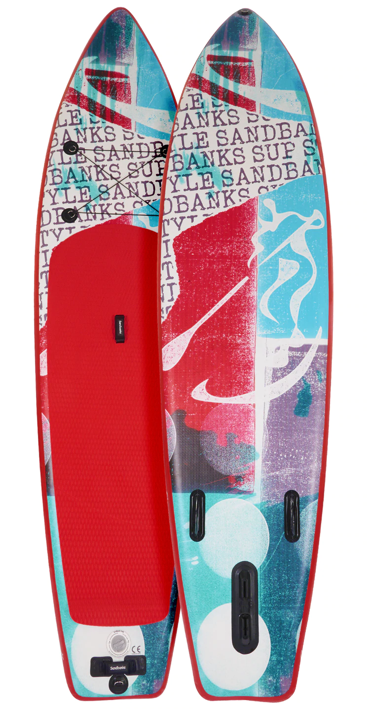 Radical Rider Sandbanks Stle inflatable SUP white board with red, black and blue decal, red deck.