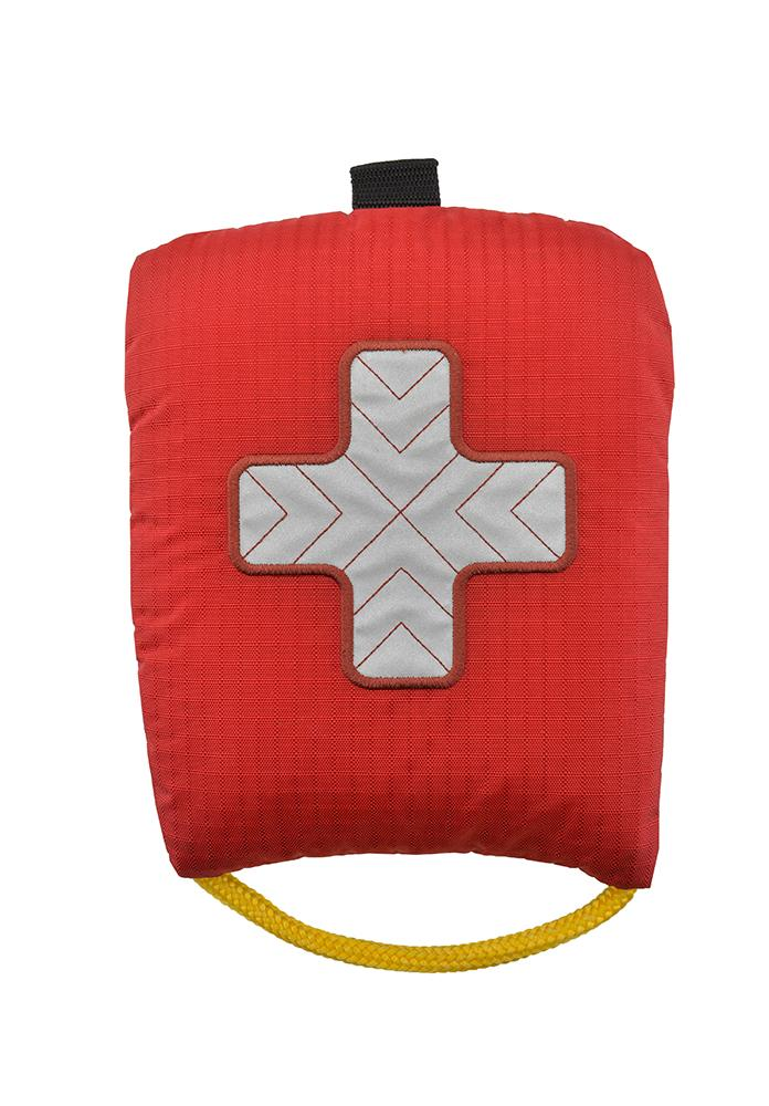 Radical Rider Astral Dyneema Throwline 13.5 m in red with yellow rope, back view with white cross