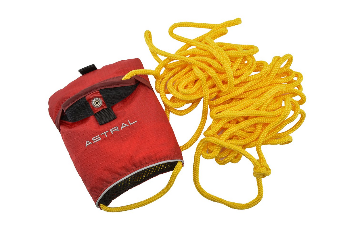 Radical Rider Astral Dyneema Throwline 13.5 m in red with yellow rope unpacked, buckle fastening