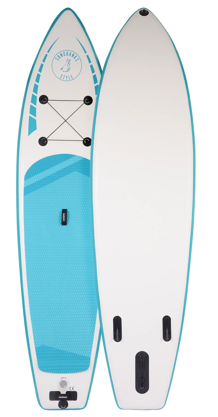 Radical Rider Sandbanks Stle infalatable SUP white board, light blue deck.