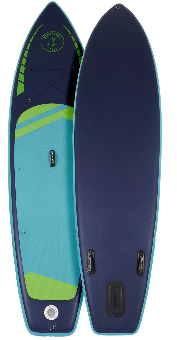 Sandbanks Style brand Elite inflatable paddleboard, light blue deck, dark blue board.