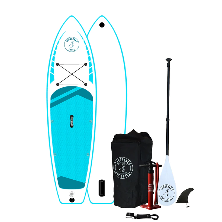 Radical Rider Sandbanks Style brand Elite inflatable paddleboard, light blue deck, white board. SUP bag, pump, leash, fin and paddle.