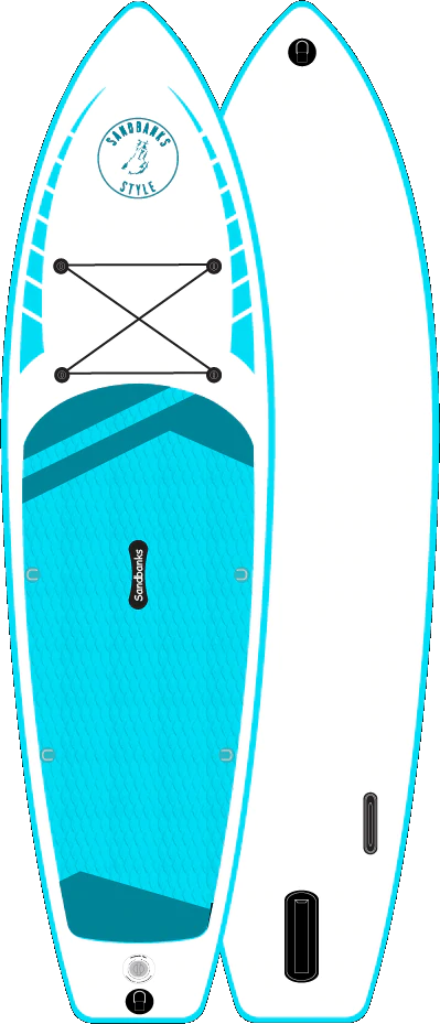 Sandbanks Style brand Elite inflatable paddleboard, light blue deck, white board.