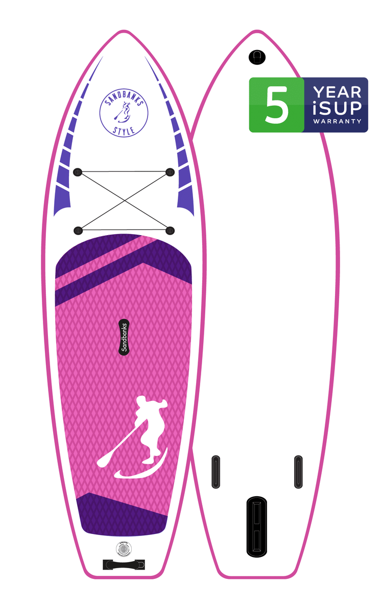 Radical Rider Sandbanks Style inflatable SUP white board with pink and purple deck.