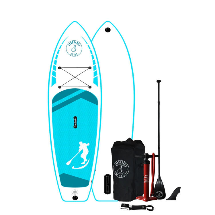 Radical Rider Sandbanks Style inflatable SUP white board with turquoise deck in a package with a bag, pump, leash, fin and paddle.
