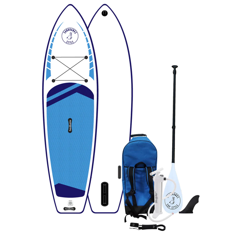 Sandbanks Style brand Ultimate Classic inflatable SUP paddleboard package in blue with bag, pump, leash, paddle and fin