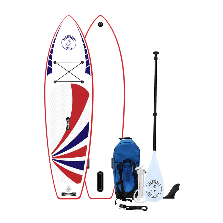 Sandbanks Ultimate Classic inflatable SUP paddleboard package in union jack colours with bag, pump, leash, paddle and fin
