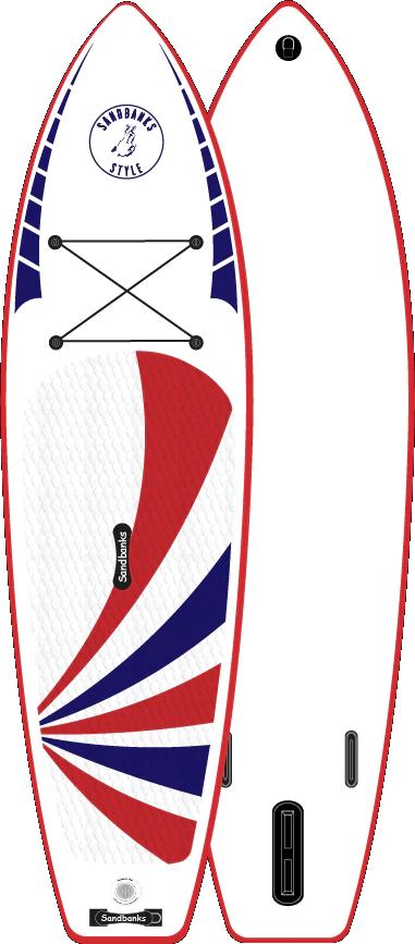 Sandbanks Style brand Ultimate Classic inflatable SUP paddleboard in union jack colours