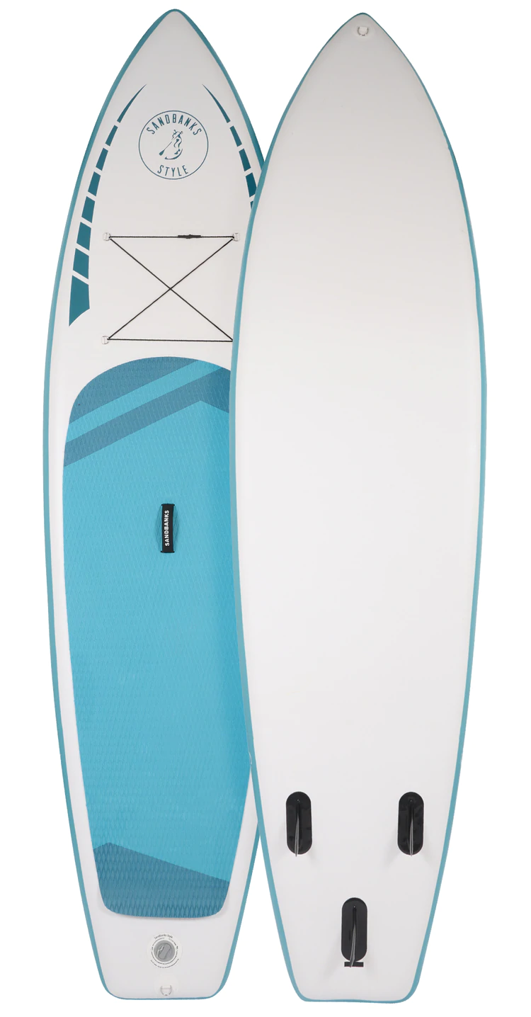 Radical Rider Sandbanks Style inflatable SUP with a white board and light blue deck