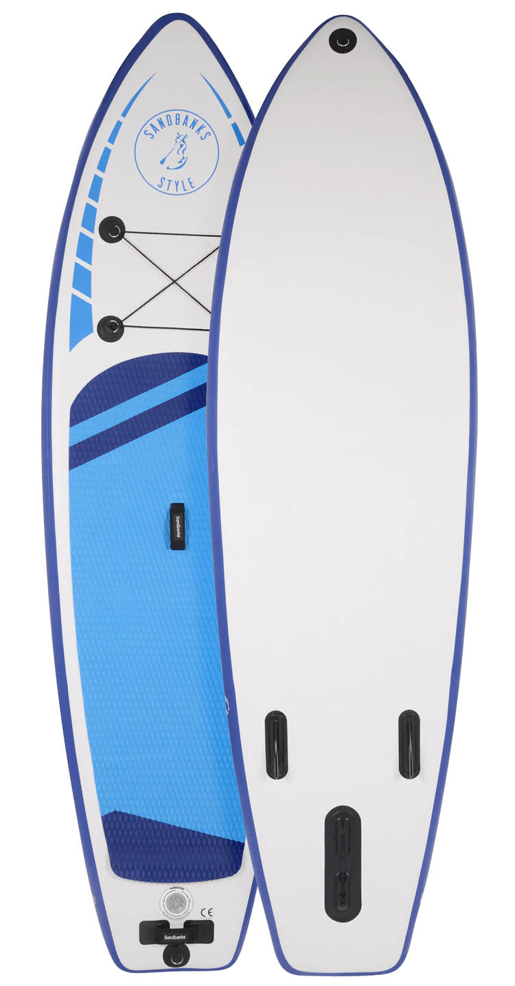 Radical Rider Sandbanks Style inflatable SUP white board with blue deck.