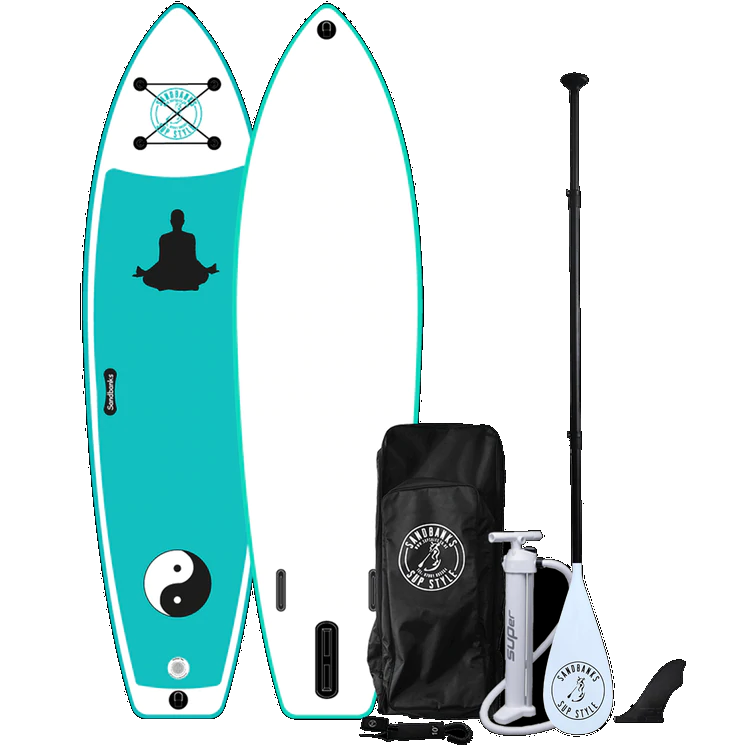 Radical Rider Sandbanks Stle inflatable SUP white board with turquoise deck and yin/yang, and Buddha graphic, in a package with a bag, paddle, leash, pump and fin.
